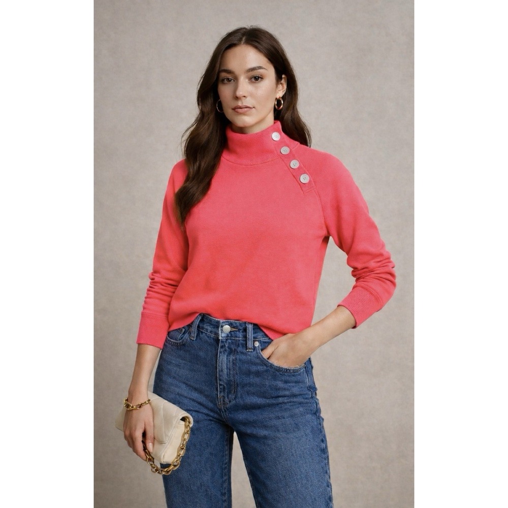 J.Crew Neon Coral Button Collar Pullover Sweatshirt Cloudspon Fleece Size S NWT